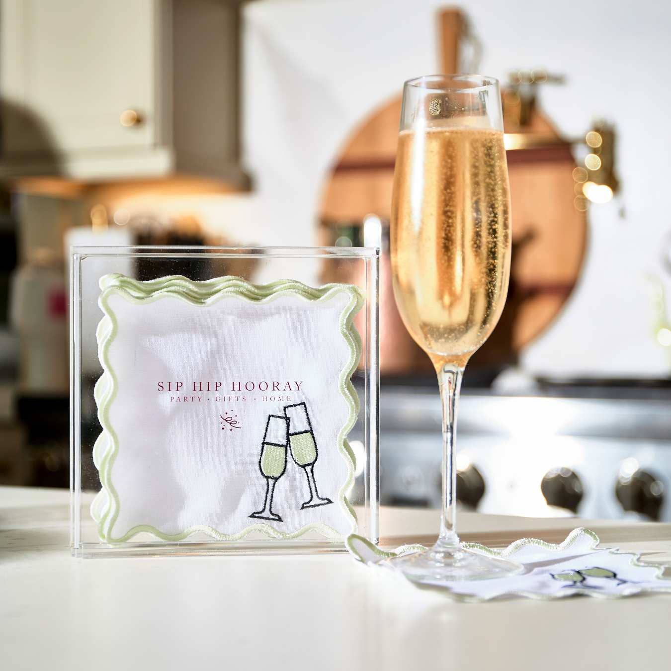 Embroidered Cocktail Napkins with Reusable Acrylic Box
