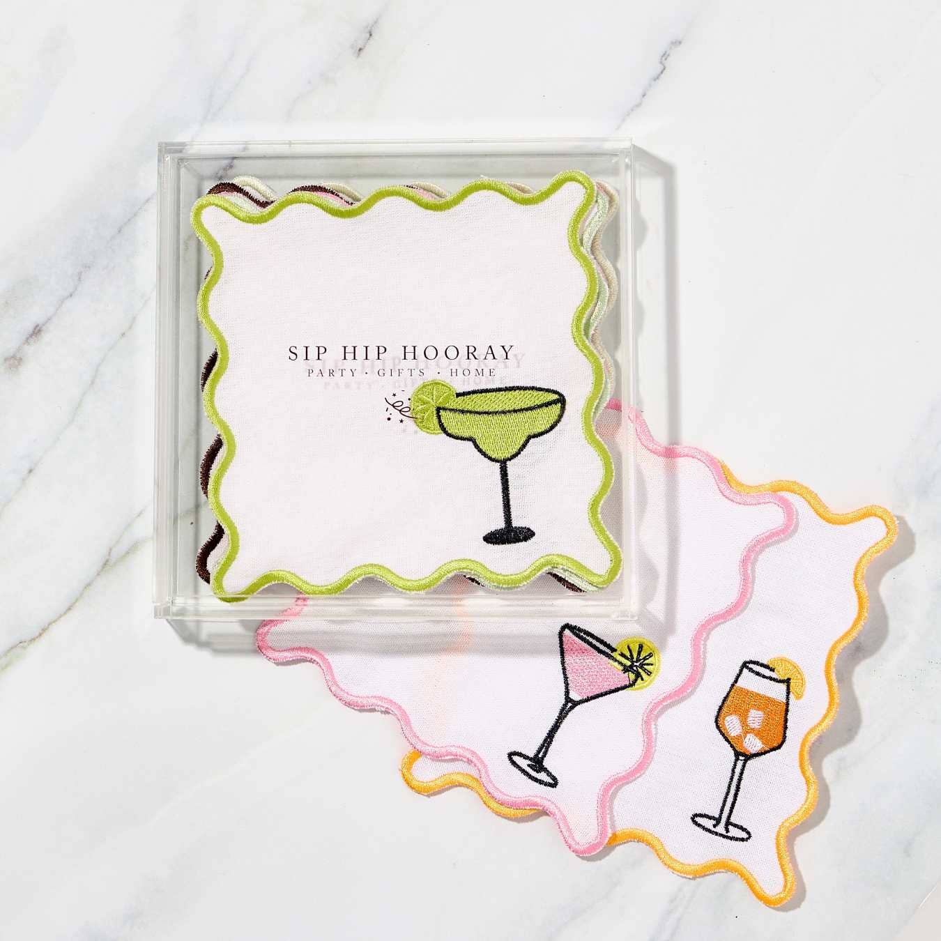 Embroidered Cocktail Napkins with Reusable Acrylic Box