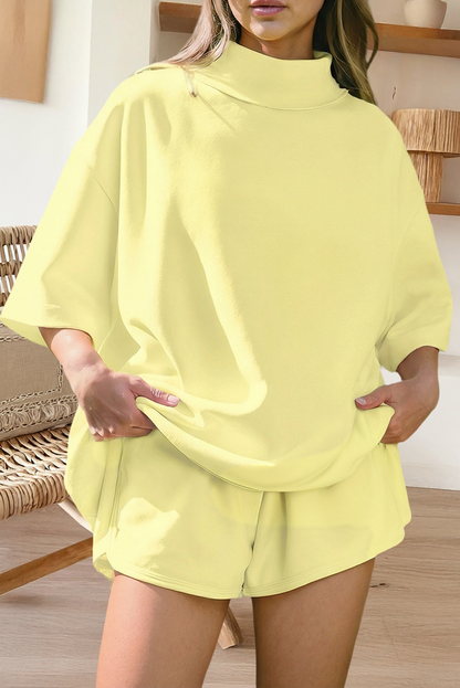 Plus Mock Neck Oversize Tee Casual Shorts 2pcs Outfit (S-4X)