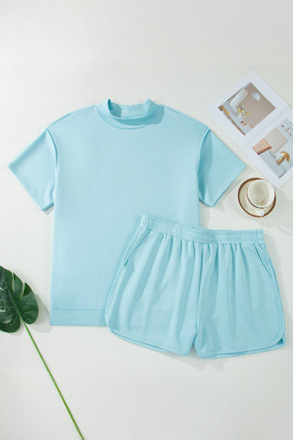Plus Mock Neck Oversize Tee Casual Shorts 2pcs Outfit (S-4X)