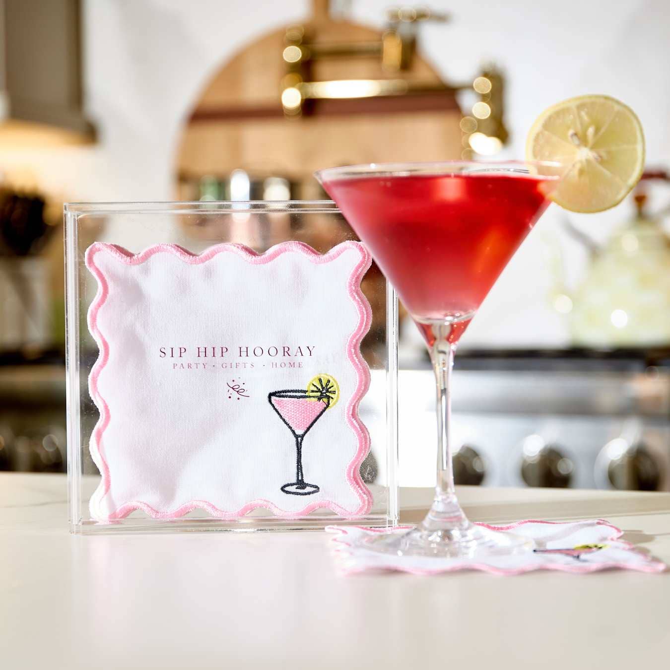 Embroidered Cocktail Napkins with Reusable Acrylic Box