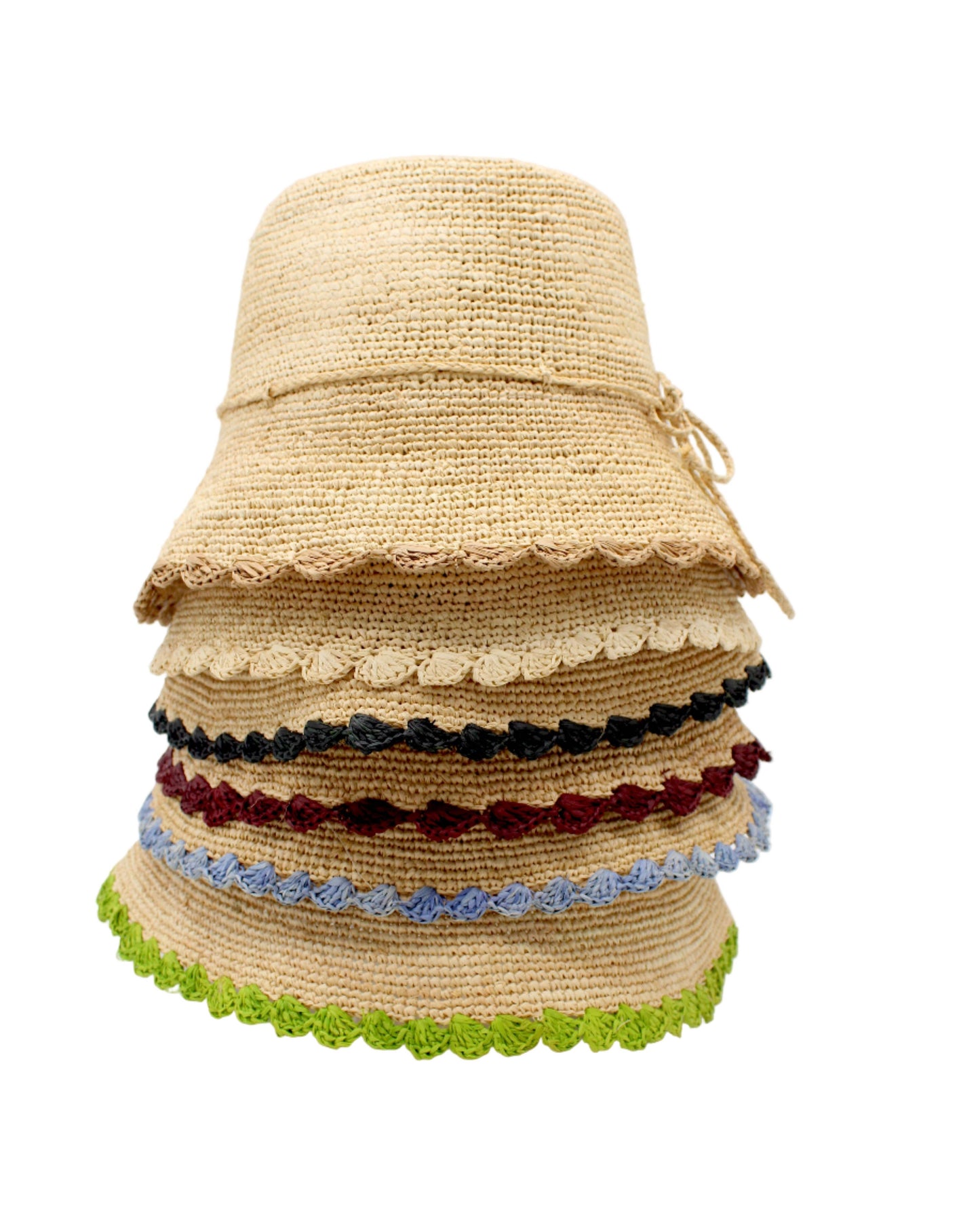 Kate 3" Brim Crochet Bucket Straw Hats with Colored Edge