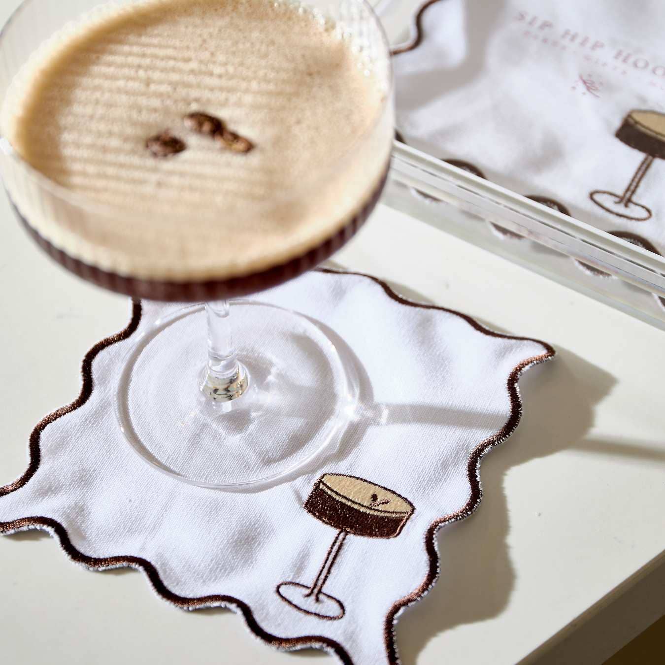 Embroidered Cocktail Napkins with Reusable Acrylic Box