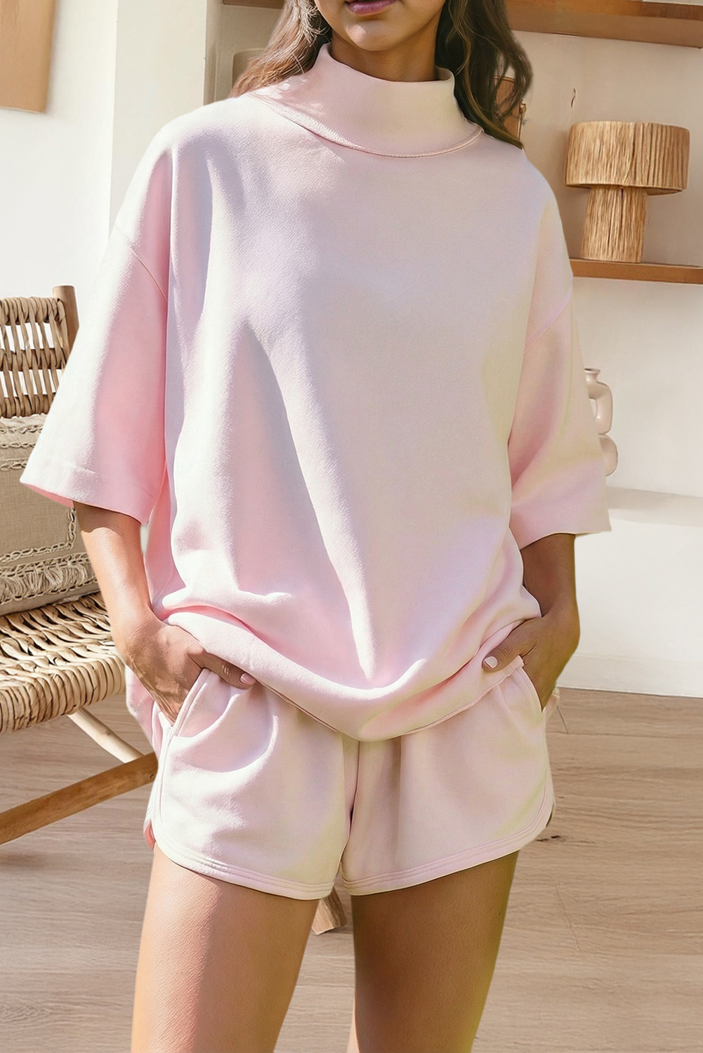 Plus Mock Neck Oversize Tee Casual Shorts 2pcs Outfit (S-4X)
