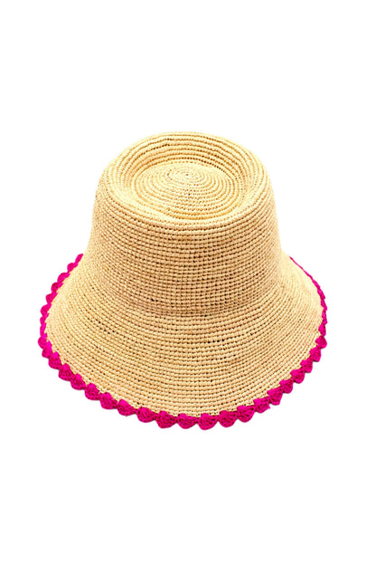 Kate 3" Brim Crochet Bucket Straw Hats with Colored Edge