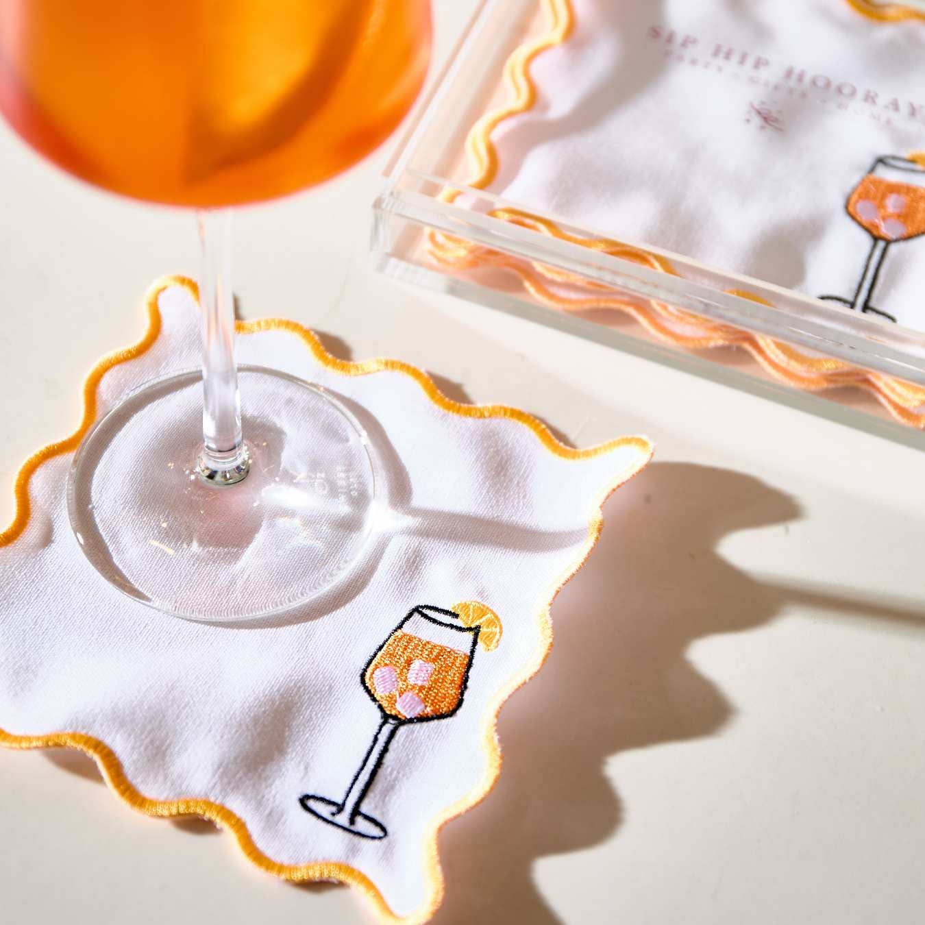 Embroidered Cocktail Napkins with Reusable Acrylic Box