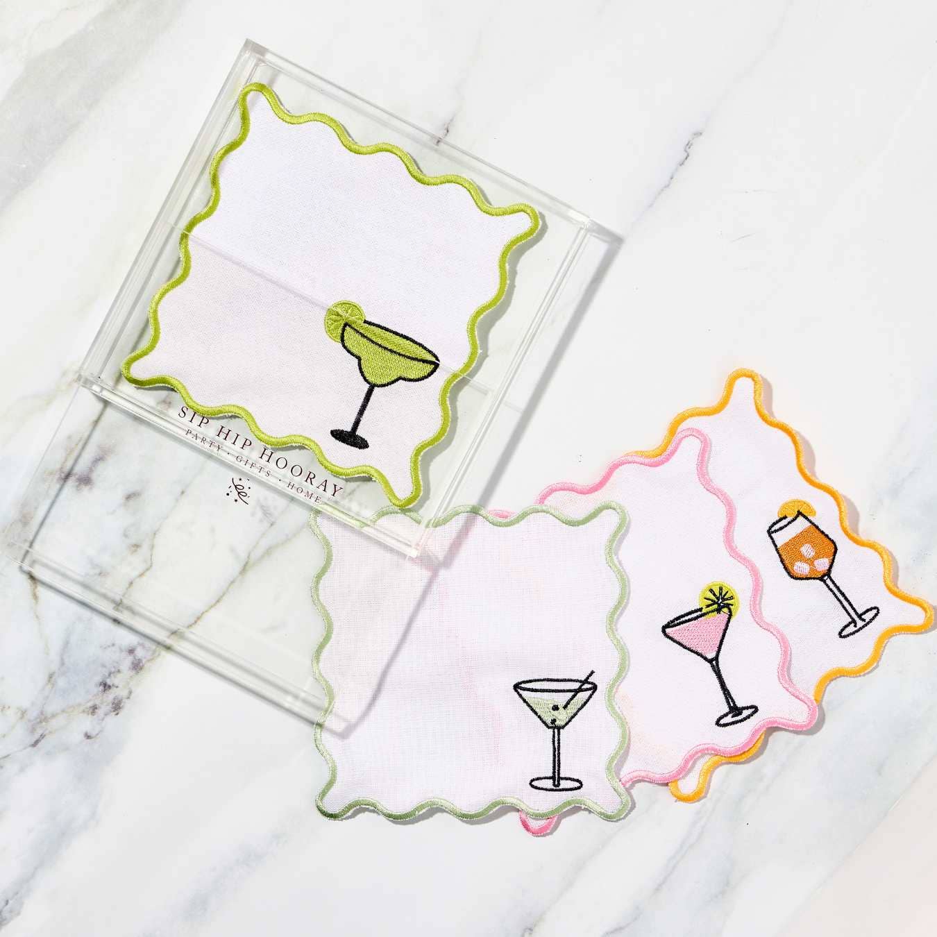 Embroidered Cocktail Napkins with Reusable Acrylic Box